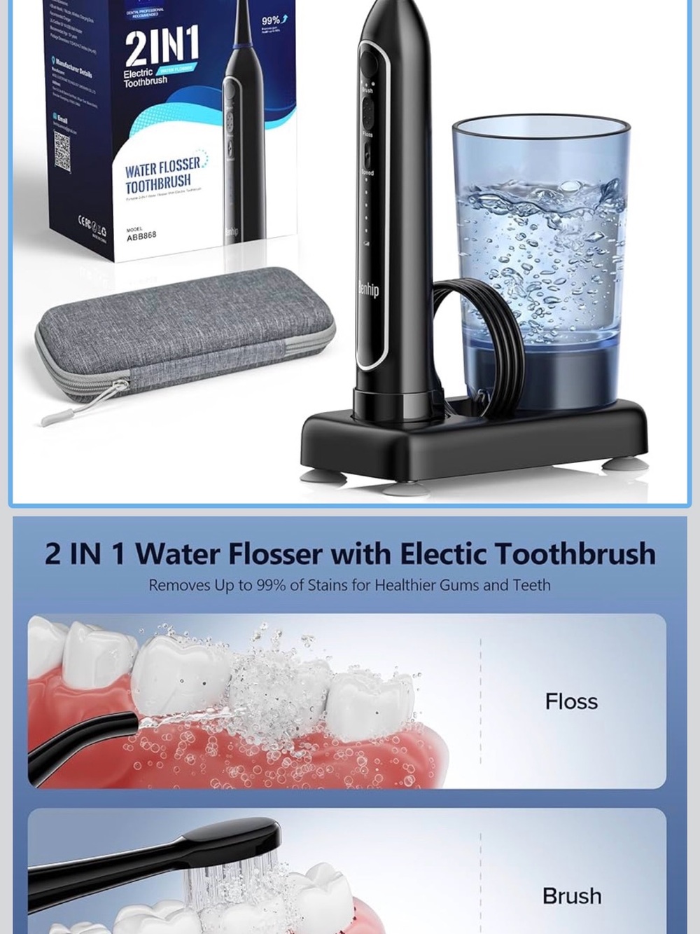 2-in-1 Water Flosser with Electric Toothbrush - Black